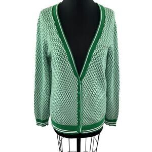 LE TIGRE Green White Diamond Print Cotton V-Neck Button Down Cardigan Sweater XL